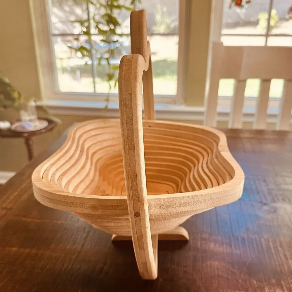Collapsible Bamboo Fruit Basket Apple Shaped Folding Wood Bowl Trivet VTG Style